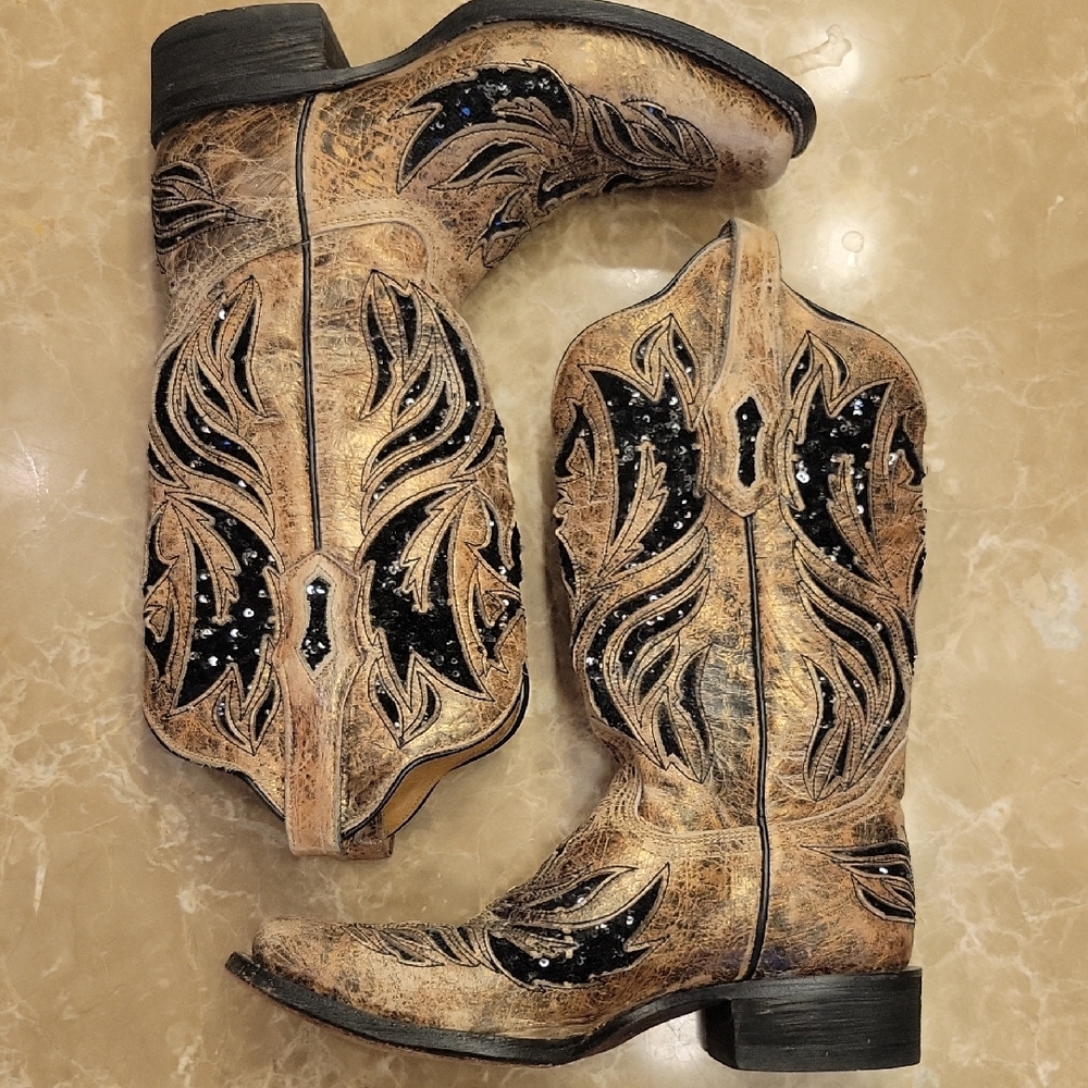 Corral Women's Western Cowboy Boots Black and Tan Leather, 7.5 - Picture 6 of 16